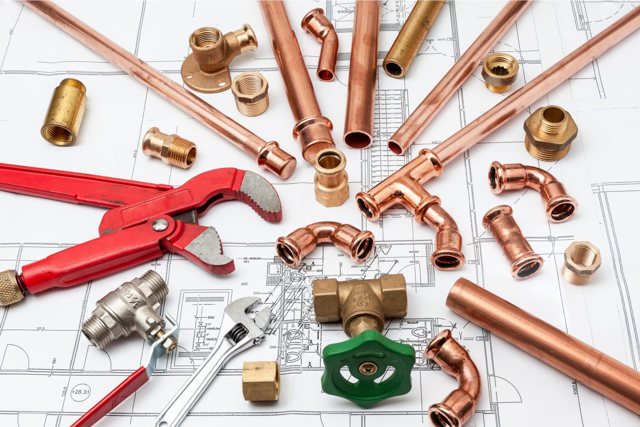 Copper pipes, fittings, valves, and plumbing tools in Watsonville