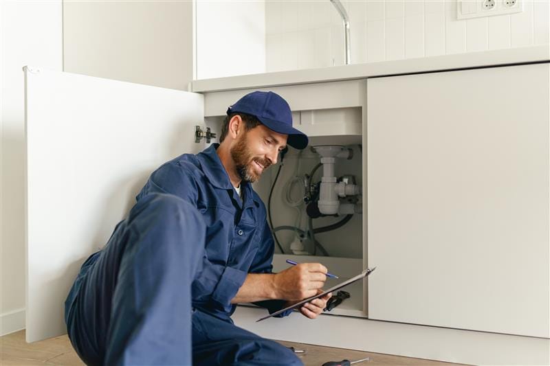 Residential plumber reviewing plumbing repairs in a Watsonville kitchen