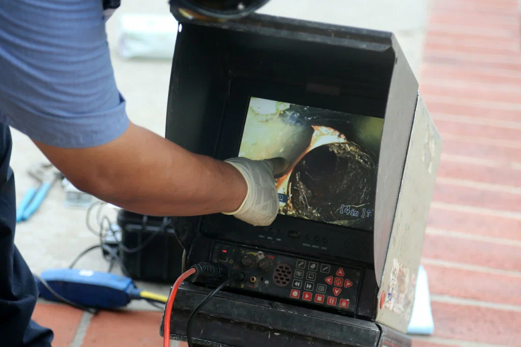Technician viewing a drain inspection camera in Watsonville