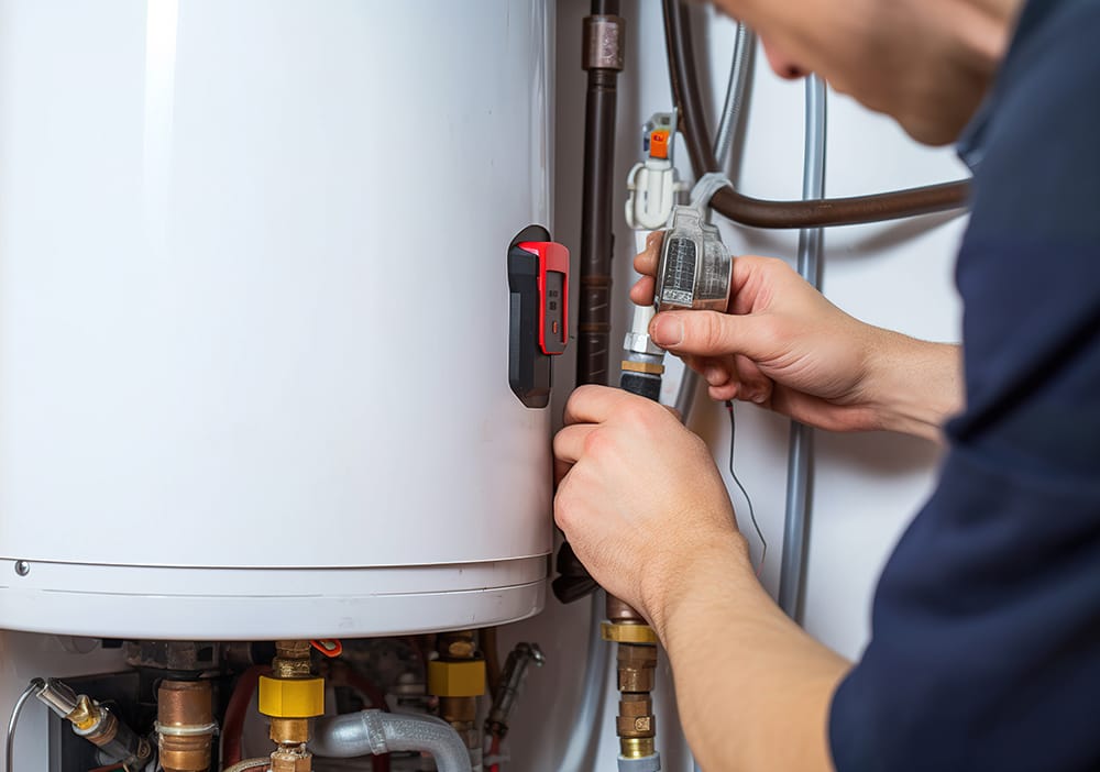 Technician repairing pipes connected to a water heater in Watsonville